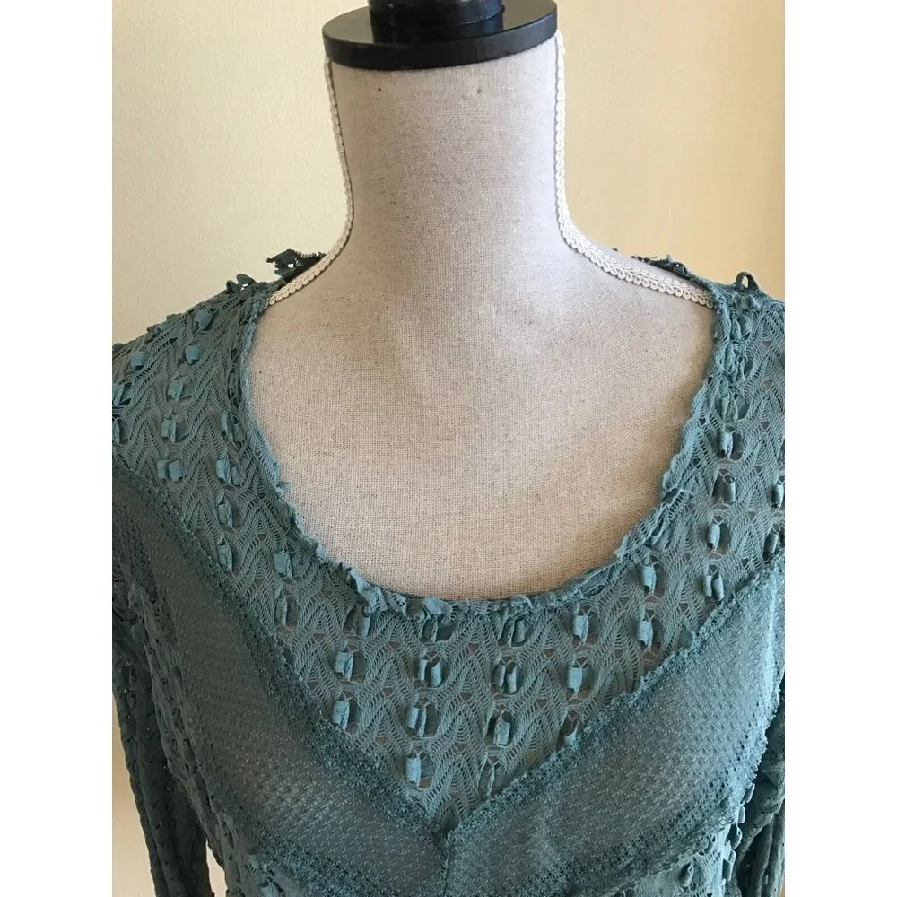 FREE PEOPLE Sage Green Boho  Lace Mesh Long Sleeve